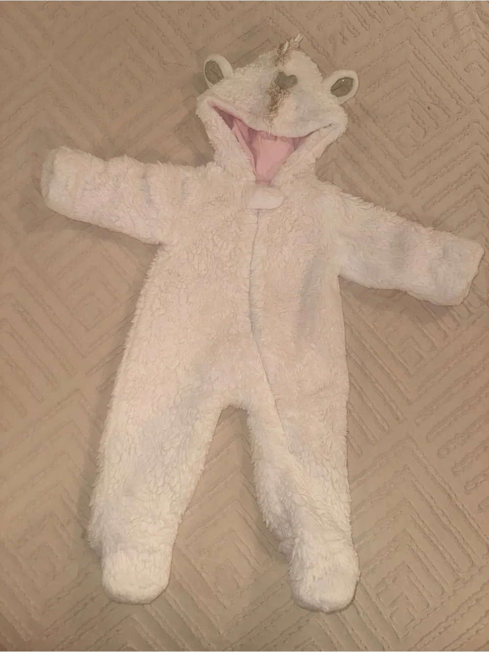 Mud Pie White Fuzzy Unicorn Footed One-Piece with Pink Hood Lining